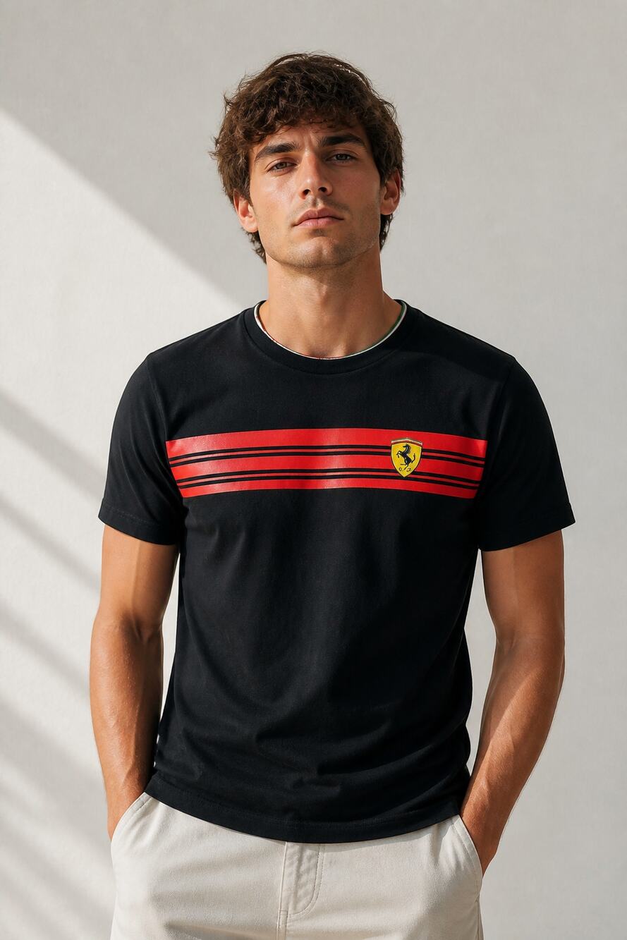 Ferrari Black Red Stripe Logo T-Shirt Small